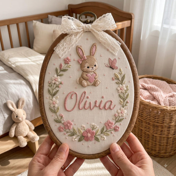 A person holds an oval embroidered hanging piece in a wooden hoop in a nursery setting. The embroidery features a pink bunny holding a heart, a butterfly, floral details, and the name 'Olivia' in pink script, with a cream lace bow at the top.