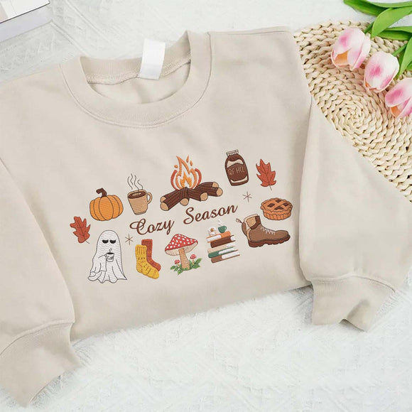 Cozy Season Embroidered Fall Hoodie Warm Outfit Gift for Autumn Lovers