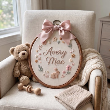 A personalized embroidered wooden hoop wall hanging with a pink satin bow, displayed on a cream upholstered armchair next to a teddy bear and a folded blanket.