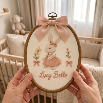 A person holds an oval embroidered nursery wall hanging in a wooden hoop. The design shows a bunny in a pink dress with flowers and the text 'Lucy Belle,' topped with a large pink bow.