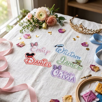 Personalized embroidered names on a white fabric surface, styled with pink roses, ribbons, a gold tiara, flower petals, and embroidery supplies. The embroidered text includes names such as Emil, William, Daniel, and Olivia with colorful character-inspired accents.