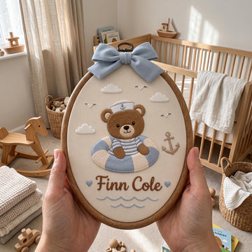 A person holds a wooden embroidery hoop featuring a personalized embroidered design of a sailor-themed teddy bear in a blue and white striped outfit with the name 'Finn Cole' and a light blue bow, set against a softly lit nursery background.