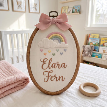 Personalized wooden embroidery hoop with a pink bow, featuring an embroidered rainbow, clouds, hearts, and the name 'Elara Fern' on a white fabric background, styled in a nursery setting.