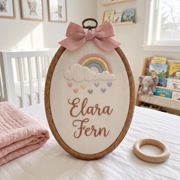 Personalized wooden embroidery hoop with a pink bow, featuring an embroidered rainbow, clouds, hearts, and the name 'Elara Fern' on a white fabric background, styled in a nursery setting.