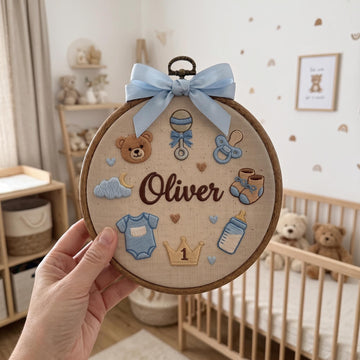 A hand holds a round embroidery hoop featuring a personalized baby design with the name 'Oliver' in brown script, surrounded by embroidered baby items like a blue onesie, pacifier, booties, bottle, and crown, tied with a light blue ribbon. The background shows a softly blurred nursery with a crib, teddy bears, and shelves.