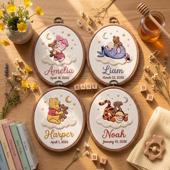 Four round wooden keepsake boxes with metal clasps, each decorated with a different cartoon character illustration and a personalized name and date, arranged on a wooden tabletop with flowers, books, honey, and wooden blocks.