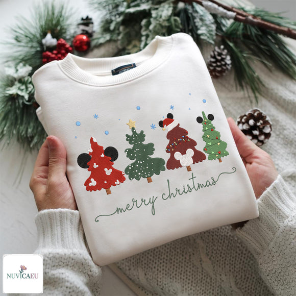 Off-white embroidered sweatshirt featuring four festive Mickey Mouse Christmas trees and merry christmas text