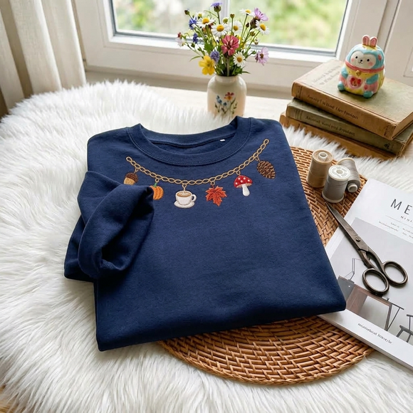 Embroidered Fall Charm Necklace Sweatshirt for Women Cozy Autumn Gift
