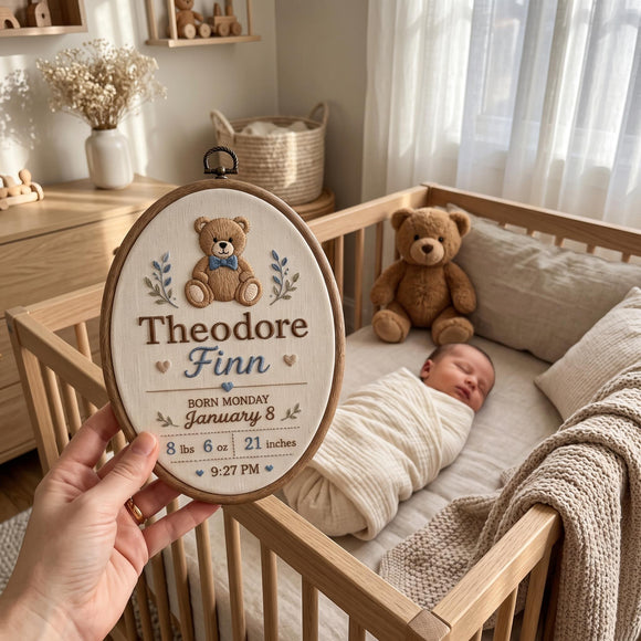 A hand holds an oval embroidered baby keepsake pillow in front of a wooden crib where a newborn baby is sleeping. The pillow features an embroidered teddy bear and personalized text reading 'Theodore Finn' with birth details.