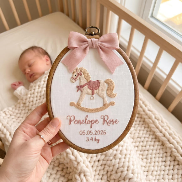 A hand holds an oval embroidered baby keepsake piece featuring a pink satin bow, a rocking horse, and the personalized name 'Penelope Rose' with birth details. In the background, a sleeping newborn baby rests in a wooden crib on a chunky knit blanket.