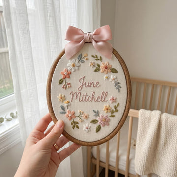 A hand holds a circular wooden embroidery hoop containing a personalized floral design with the name 'June Mitchell' stitched in the center. The embroidery features pastel pink, peach, white, and green flowers with a light pink satin bow at the top.