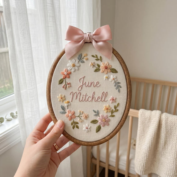 A hand holds a circular wooden embroidery hoop containing a personalized floral design with the name 'June Mitchell' stitched in the center. The embroidery features pastel pink, peach, white, and green flowers with a light pink satin bow at the top.