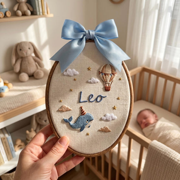 Personalized wooden embroidery hoop with a pink bow, featuring an embroidered rainbow, clouds, hearts, and the name 'Elara Fern' on a white fabric background, styled in a nursery setting.