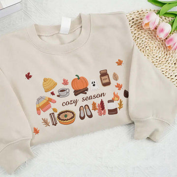 Cozy Season Pumpkin Ghost Embroidered Sweatshirt Warm Fall Gift Women