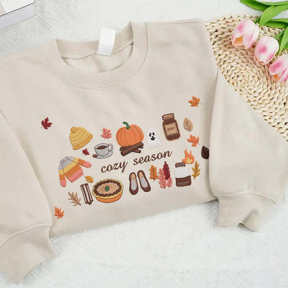 Cozy Season Pumpkin Ghost Embroidered Sweatshirt Warm Fall Gift Women
