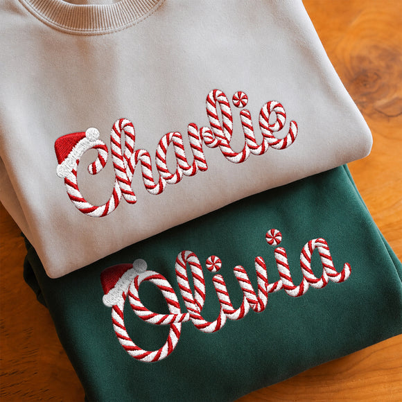 Personalized Candy Cane Embroidered Xmas Name Sweatshirt Family Gift