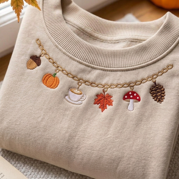 Embroidered Fall Charm Necklace Sweatshirt for Women Cozy Autumn Gift
