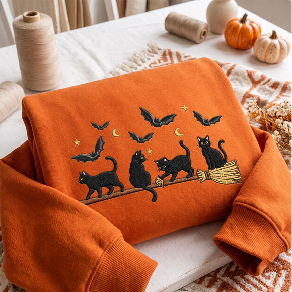Embroidered Black Cat Broomstick Spooky Halloween Outfit For Women