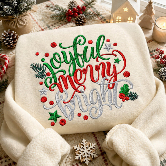 Joyful Merry Bright Embroidered Christmas Shirt Holiday Gift Unisex