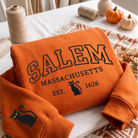 Salem Mass Black Cat Embroidered Pullover | Cozy Autumn Gift for Women