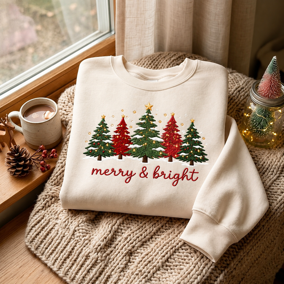 Embroidered Merry & Bright Tree Shirt | Cozy Holiday Apparel for Women
